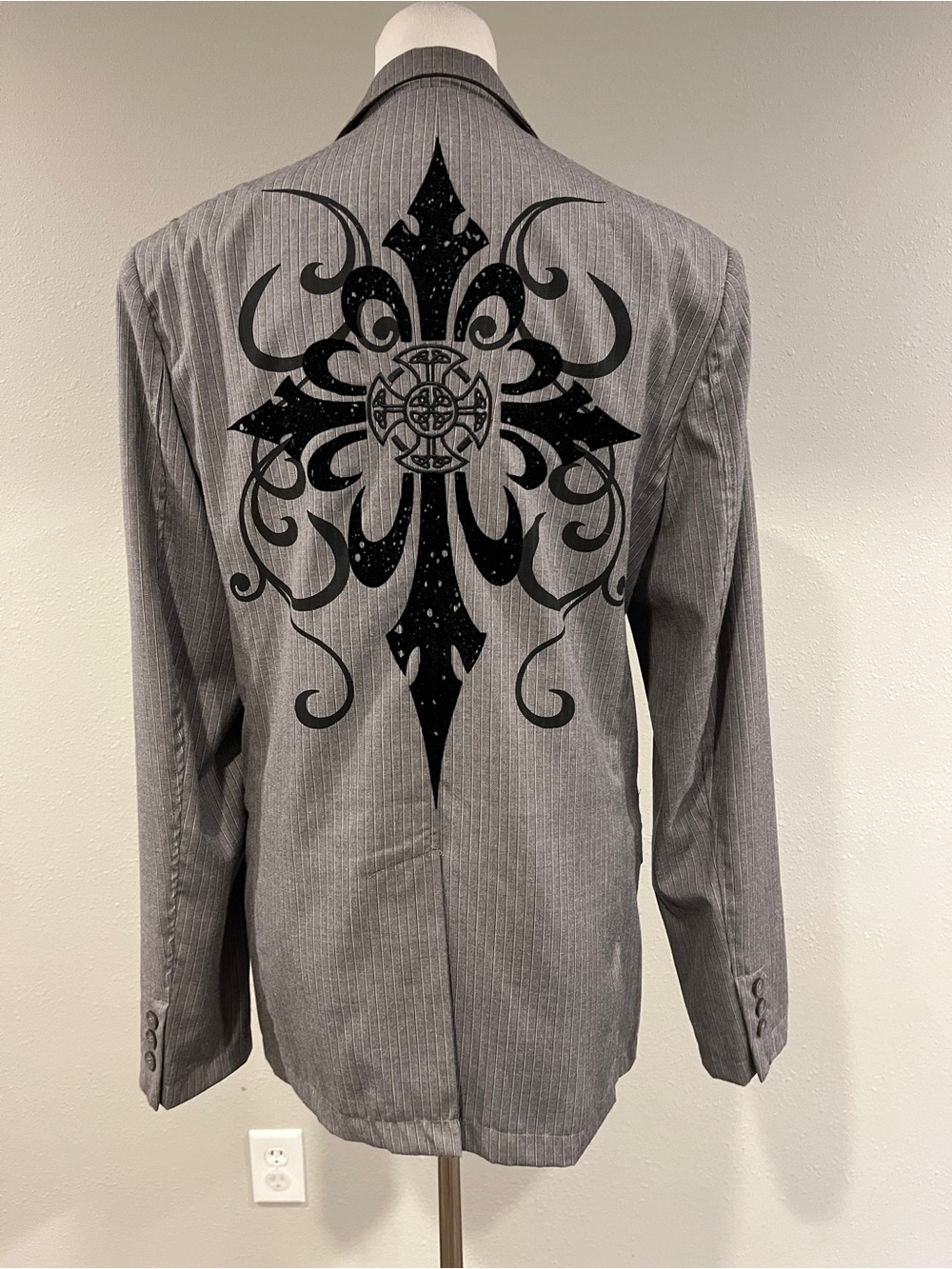 Men's Y2K Gray Pinstripe Blazer with Shoulder and back Graphic‎ Detail